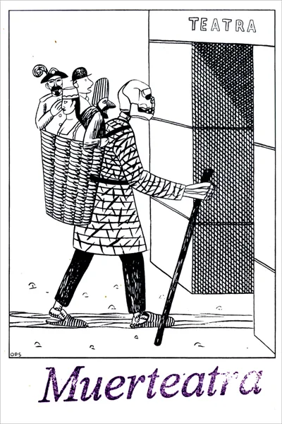 Ilustración en blanco y negro de una figura con cesta y bastón